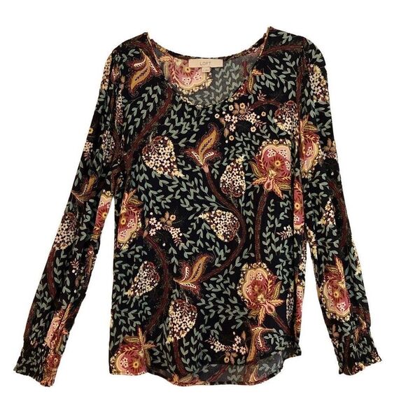 Loft Long Sleeved Floral Tropical Blouse Scoop neck Smock Sleeve Medium - Picture 1 of 10
